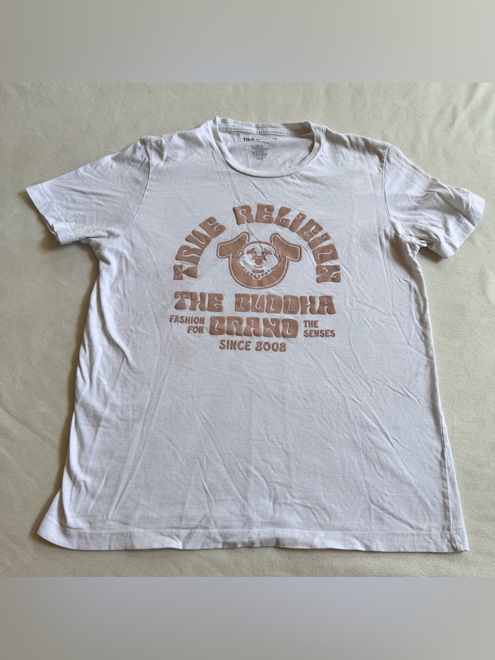 True Religion White Tee with Beige pink Graphic Logo designer buddha brand
